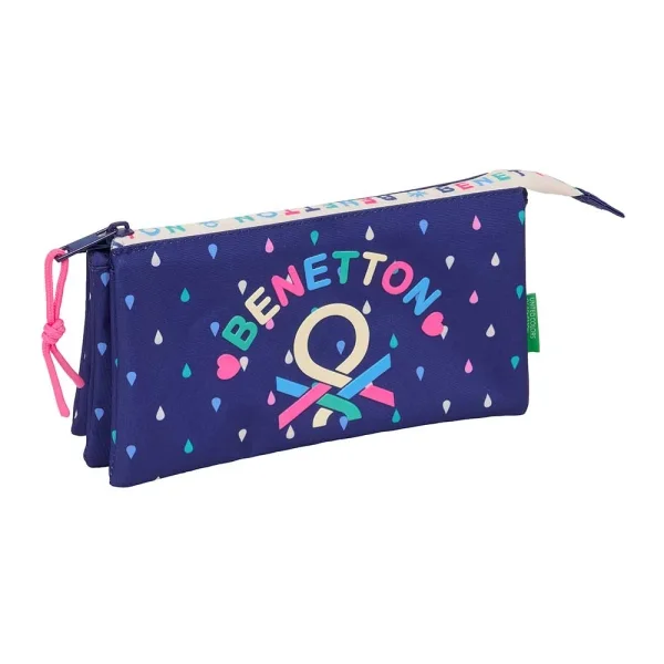 Safta Benetton Drop Portatodo - 3 Compartimentos con Cremalleras - Bolsillo Interior - 0.6L - 220x30x120mm - Color Azul Oscuro