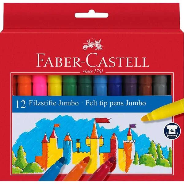Faber-Castell Jumbo Pack de 12 Rotuladores Punta Gruesa - Tinta con Base de Agua Lavable - Colores Surtidos