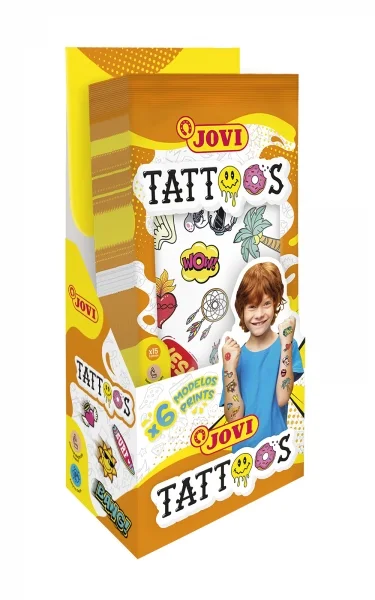 Jovi Expositor con 24 Packs de Tatuajes Temporales - 6 Laminas por Pack - Mas de 80 Motivos - Emoticonos, Animales, Objetos etc... - Sin Parabenos - Libre de Alergenos