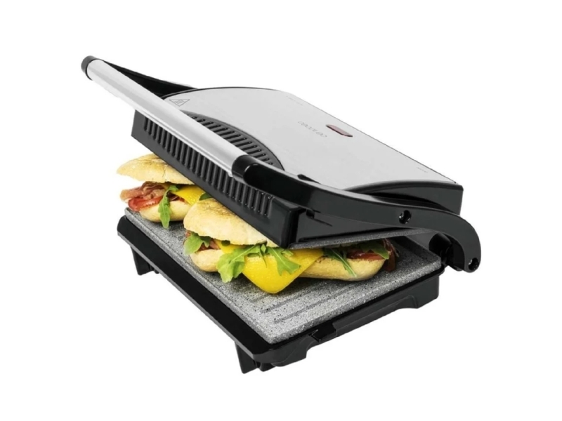 Cecotec rock'n Grill Parrilla Electrica - 700W - Antiadherente - Asa Tacto Frio - Base Antideslizante - Hueco Recogecables - Superficie Cocinado 23x14.5cm - Color Negro y Plata