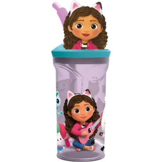 Safta Gabby's Dollhouse Party Vaso con Figura 3D de 360ml - Tapa con Rosca - Pajita Interior - Color Transparente
