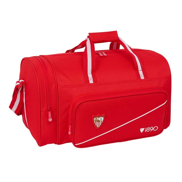 Safta Sevilla FC Bolsa de Deporte - Bandolera Ajustable - Bolsillo Frontal - Cremallera con Doble Tirador - Tacos en la Base - 47x26x27cm - Color Rojo