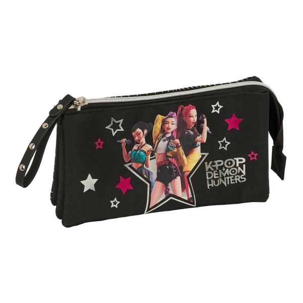 Safta K-Pop Demon Hunters Energy Portatodo - 3 Compartimentos con Cremallera - Bolsillo Interior Central - 22x12x3cm - Color Negro