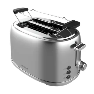 Cecotec Toast and Taste 1000 Retro Double Tostadora de Doble Ranura - 980W - Ranura Ancha hasta 3.8cm - Sistema de Autocentrado - Bandeja Recogemigas Extraible - Acabado en Acero Inoxidable