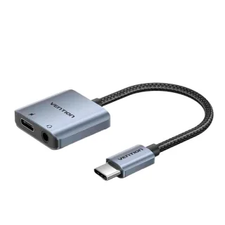 Vention Adapatador de Audio DAC - USB-C Macho - Jack 3.5mm Hembra - USB-C Hembra - Power Delivery 60W - Cable 10cm - Aluminio - Color Gris