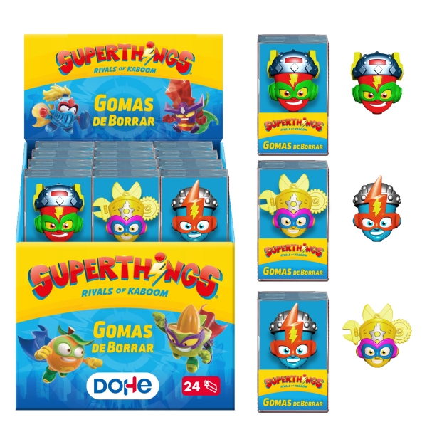 Dohe Superthings Expositor con 24 Gomas de Borrar - Fabricadas en PVC - Resistente - Formas Surtidas