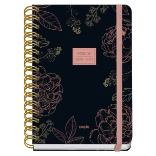 Dohe Premium Noir Agenda Escolar 26/27 - Formato A5 - Semana Vista - Papel Offset Ahuesado 80g - Cubierta de Carton Plastificado - Espiral Metalica Doble - Goma - 15x21x2cm - Color Negro