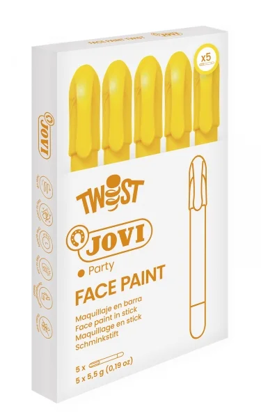 Jovi Twist Stick de Pintura de Cara - Hipoalergenico - Base Agua - Facil Aplicacion - Gran Cobertura - Seca Rapido - Facil de Retirar - sin Parabenos - Color Amarillo · Pack de 5 uds.