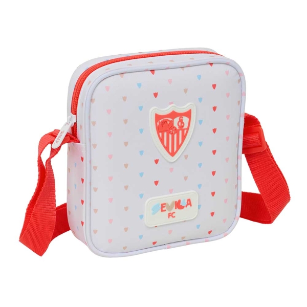 Safta Sevilla FC Preescolar Bolsito con Bandolera Ajustable - Compacto - Cierre con Cremallera - 16x18x4cm - Color Blanco y Rojo