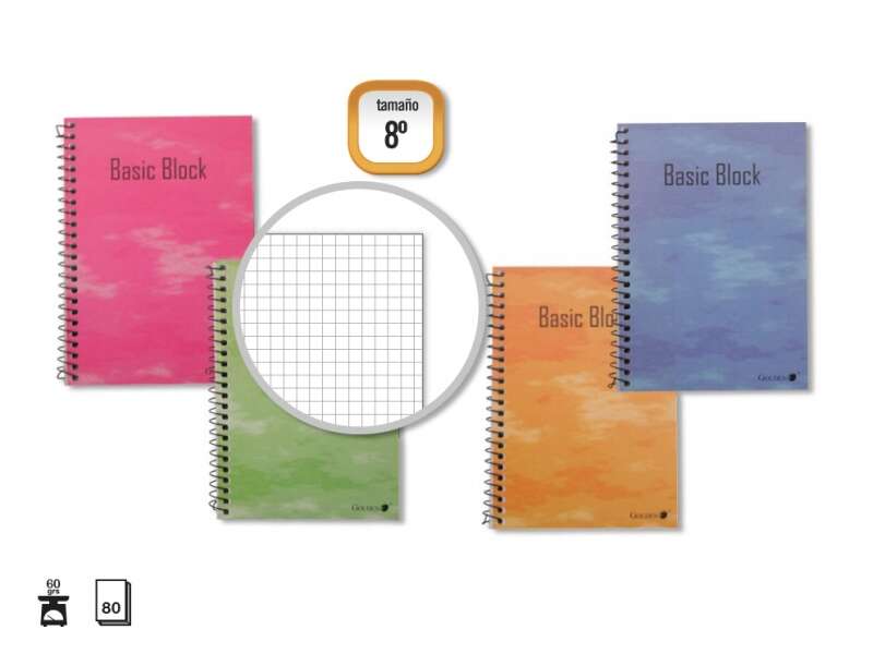 Golden Cuaderno Espiral 8º Natural (153x102mm) 80 Hojas 60gr Cuadricula - Margen Remarcado - Tapa Normal Plastificada - Colores Surtidos · Pack de 10 uds.