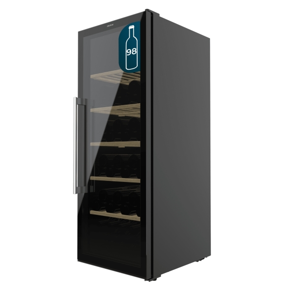 Cecotec Bolero GrandSommelier 98000 Black Vinoteca 98 Botellas - Capacidad 201L - Silencioso 37dB - Luz LED - Pantalla LED - Temperatura Regulable - Acero Inoxidable - Seguro Infantil - Colo