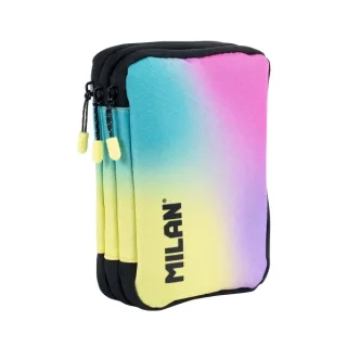 Milan Sunset Plumier de 3 Pisos con Goma de Borrar, Sacapuntas, Lapiz, 3 Boligrafos P1, Regla, 12 Lapices de Colores, 6 Lapices de Colores Metalizados, 5 Fluorescentes, Tijeras y 18 Rotulado