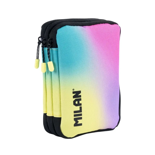 Milan Sunset Plumier de 3 Pisos con Goma de Borrar, Sacapuntas, Lapiz, 3 Boligrafos P1, Regla, 12 Lapices de Colores, 6 Lapices de Colores Metalizados, 5 Fluorescentes, Tijeras y 18 Rotulado