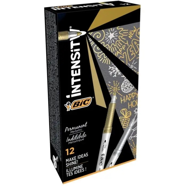 Bic Intensity Metallic Rotulador Permanente - Punta Media 1.8mm - Trazo 0.8mm - Grip Texturizado - Color Oro y Plata · Pack de 12 uds.