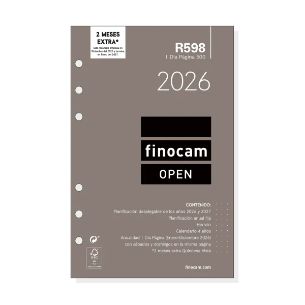 Finocam R598 Recambio Anual 2026 para Agendas Open 2026 - Formato 500 - 117x16x181mm - 1 Dia por Pagina - Color Blanco