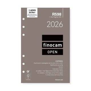 Finocam R598 Recambio Anual 2026 para Agendas Open 2026 - Formato 500 - 117x16x181mm - 1 Dia por Pagina - Color Blanco