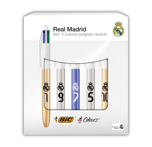 Bic 4 Colours Ed. Lujo Real Madrid CF Pack con 5 Boligrafos de Bola Retractil - 5 Diseños Diferentes - Punta Media de 1.0mm
