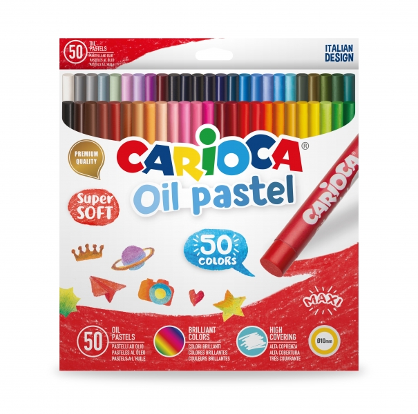 Carioca Pack de 50 Pasteles al Oleo - Colores Brillantes - Lavables - Resistentes a la Luz - Cubrientes - Faciles de Mezclar - Maxi Cuerpo Ø 10mm - Uso en Papel, Carton, Tela y Madera - Colo