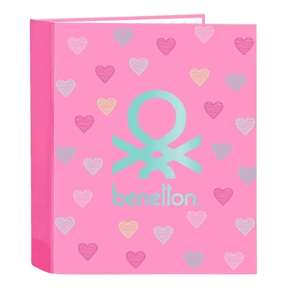 Safta Benetton Heart Carpeta con 4 Anillas 40mm - Tapas Duras Forradas - Formato Folio - 270x60x330mm - Color Rosa