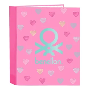 Safta Benetton Heart Carpeta con 4 Anillas 40mm - Tapas Duras Forradas - Formato Folio - 270x60x330mm - Color Rosa