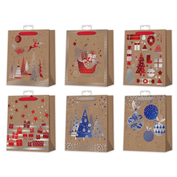 Bismark Bolsa de Papel Kraft Navidad - Impresion Foil - 6 Diseños Diferentes · Pack de 12 uds.