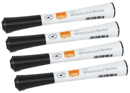 Nobo Gilde Pack de 4 Rotuladores para Pizarra Blanca - Punta Fina 1mm - Tinta con Poco Olor - Color Negro