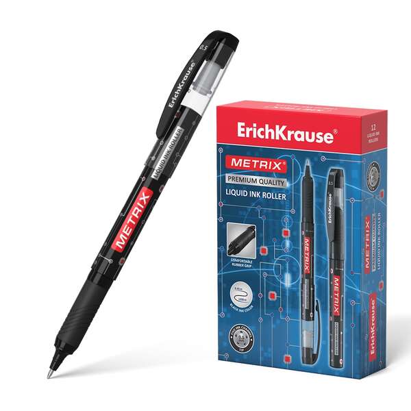 Erichkrause Metrix Boligrafo Tinta Gel - Punta 0.5mm - Agarre de Goma - Capuchon con Clip - Secado Rapido - Color Negro · Pack de 12 uds.