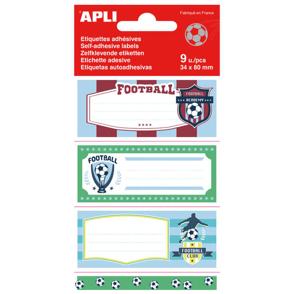 Apli Etiquetas Adhesivas Escolares Futbol - Tamaño 81x36mm - 9 Etiquetas por Bolsa - Adhesivo Permanente de Alta Calidad - Diseño Futbol · Pack de 5 uds.