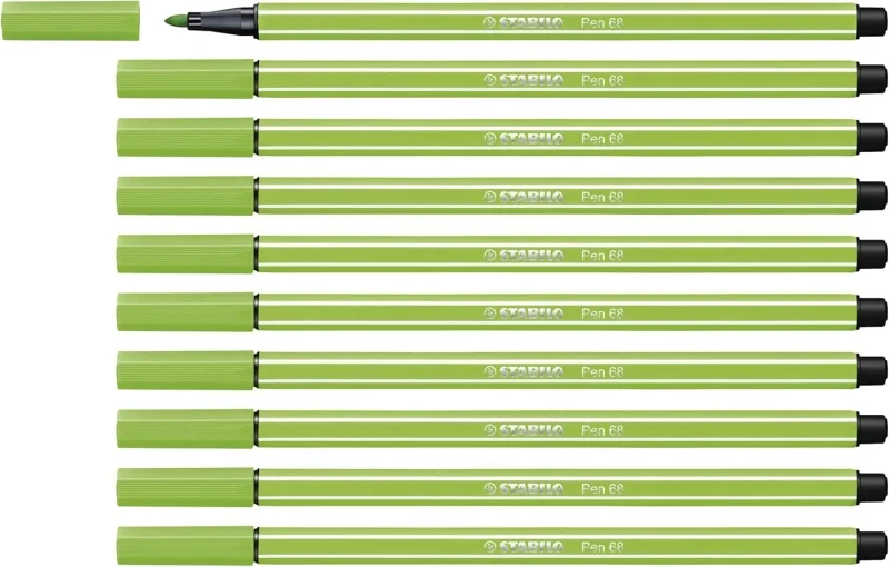 Stabilo Pen 68 Rotulador de Punta de Fibra - Trazo de 1mm aprox. - Tinta con Base de Agua - Color Verde Claro · Pack de 10 uds.
