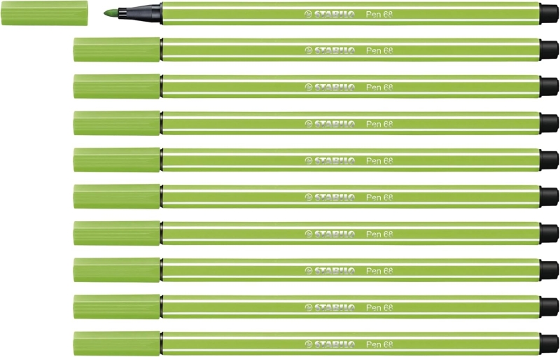 Stabilo Pen 68 Rotulador de Punta de Fibra - Trazo de 1mm aprox. - Tinta con Base de Agua - Color Verde Claro · Pack de 10 uds.