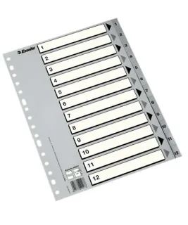 Esselte Indice Numerico de Plastico - Pestañas 1 al 12 - Multitaladro - Formato A4 - Color Gris · Pack de 50 uds.