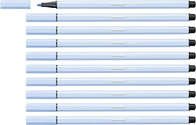 Stabilo Pen 68 Rotulador de Punta de Fibra - Trazo de 1mm aprox. - Tinta con Base de Agua - Color Azul Hielo · Pack de 10 uds.