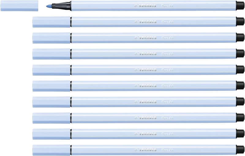Stabilo Pen 68 Rotulador de Punta de Fibra - Trazo de 1mm aprox. - Tinta con Base de Agua - Color Azul Hielo · Pack de 10 uds.