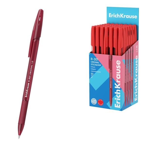 ErichKrause R-301 Stick and Grip Original Boligrafo con Capuchon - Punta de 1.0mm - Cuerpo Transparente - Trazo 0.5mm - Zona de Agarre de Goma - Tinta de Secado Rapido - Tapa Ventilada - Color Rojo · Pack de 50 uds.