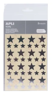 Apli Bolsa de Gomets en Forma de Estrella - Tamaño 12.5mm y 19.5mm - Adhesivo Permanente Plata - 3 Hojas y 120 Gomets - Normas EN-71 y FSC - Adhesivo Base Agua - Libre de Disolventes - Papel