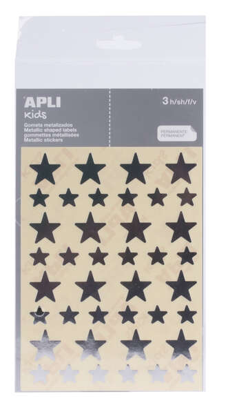 Apli Bolsa de Gomets en Forma de Estrella - Tamaño 12.5mm y 19.5mm - Adhesivo Permanente Plata - 3 Hojas y 120 Gomets - Normas EN-71 y FSC - Adhesivo Base Agua - Libre de Disolventes - Papel