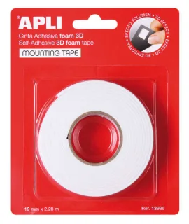 Apli Cinta Adhesiva Doble Cara Foam 3D 19mm x 2.28m - Adhesion Fuerte y Duradera - Ideal para Manualidades y Decoracion - Color Blanco