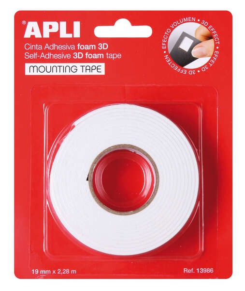 Apli Cinta Adhesiva Doble Cara Foam 3D 19mm x 2.28m - Adhesion Fuerte y Duradera - Ideal para Manualidades y Decoracion - Color Blanco