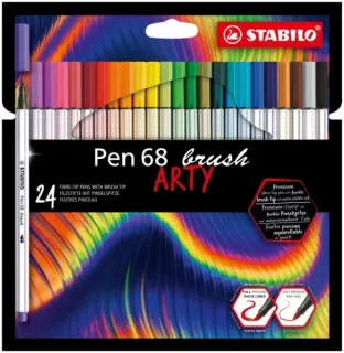 Stabilo Pen 68 Brush Arty Pack de 24 Rotuladores - Punta de Pincel - Tinta a Base de Agua - Colores Surtidos
