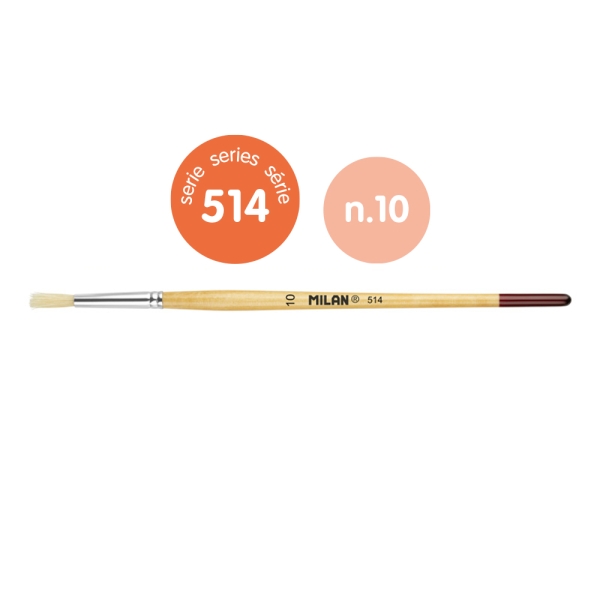 Milan 514 Pack de 6 Pinceles Redondo - Numero 10 - Bolsa con Colgador - Cerda Natural - Mango Corto - Color Madera Claro