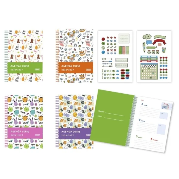 Bismark Animals Agenda Escolar 26-27 Semana Vista A5 - Tapa de Carton Forrada - Hojas Interiores de Color - Planning Mensual - 2 Hojas de Pegatinas - 4 Diseños Diferentes Aleatorios