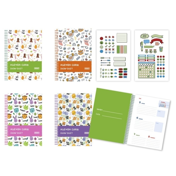Bismark Animals Agenda Escolar 26-27 Semana Vista A5 - Tapa de Carton Forrada - Hojas Interiores de Color - Planning Mensual - 2 Hojas de Pegatinas - 4 Diseños Diferentes Aleatorios