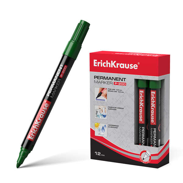 Erichkrause Marcador Permanente P-200 - Punta en Forma de Bala - Resistente al Agua y a los Rayos UV - Color Verde · Pack de 12 uds.