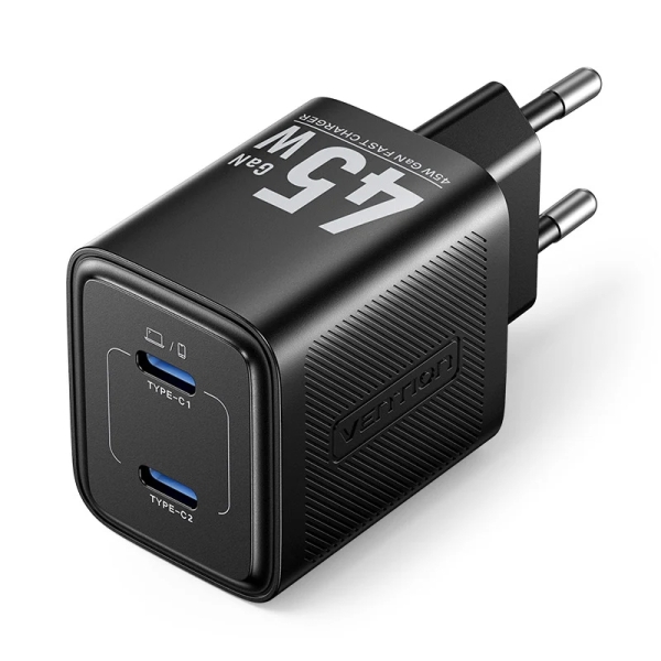 Vention Cargador de Pared - 45W - GaN - Cable de 1m Incluido - 2xUSB-C - Carga Rapida - Color Negro