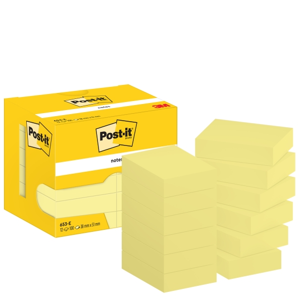 Post-It Pack de 12 Blocs de 100 Notas Adhesivas Reposicionables 38x51mm - Forma Rectangular - Caja Dispesandora - Color Amarillo Claro