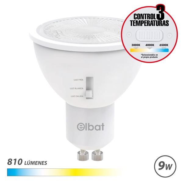 Elbat Bombilla LED GU10 - 9W - 810Lm - Selector de Luz - Calida 3000K, Blanca 4000K y Fria 6500K