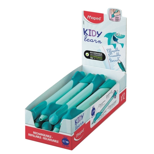 Maped Kidy Lern Magic Boligrafo Borrable con Guia para Dedos - Modelo Tiburon - Tinta Color Azul - Recomendado para Niños de 4 a 10 Años - Color Turquesa · Pack de 12 uds.