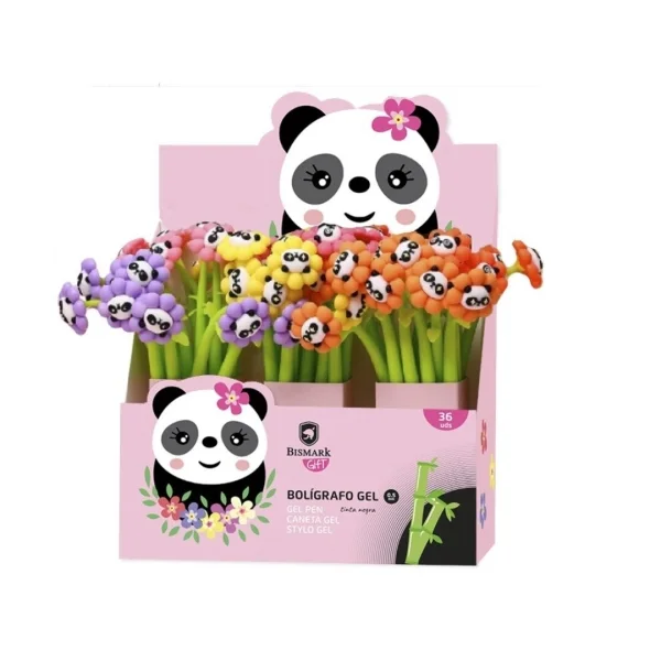 Bismark Animals Panda Boligrafo Tacto Soft con Flores y Cara de Panda - Punta Fina - Tinta Gel Color Negro - 6 Diseños Diferentes · Pack de 36 uds.