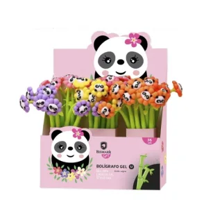 Bismark Animals Panda Boligrafo Tacto Soft con Flores y Cara de Panda - Punta Fina - Tinta Gel Color Negro - 6 Diseños Diferentes · Pack de 36 uds.