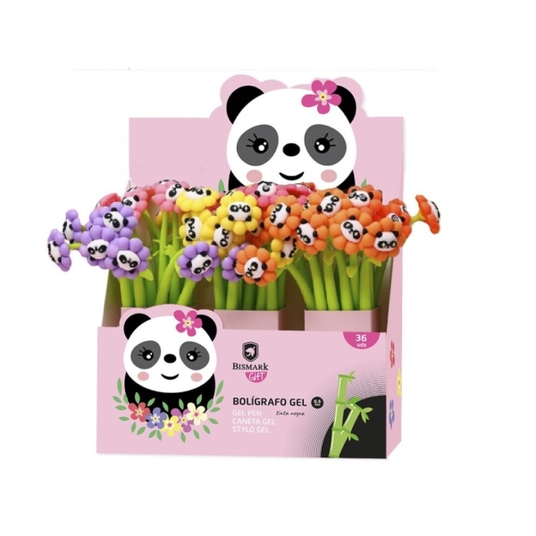 Bismark Animals Panda Boligrafo Tacto Soft con Flores y Cara de Panda - Punta Fina - Tinta Gel Color Negro - 6 Diseños Diferentes · Pack de 36 uds.